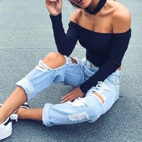 Women’s Black Off Shoulder Long Sleeve Crop Top - Picture 6 of 8